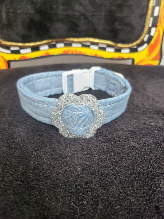 Cotton Denim Silver Flower Pet Collar