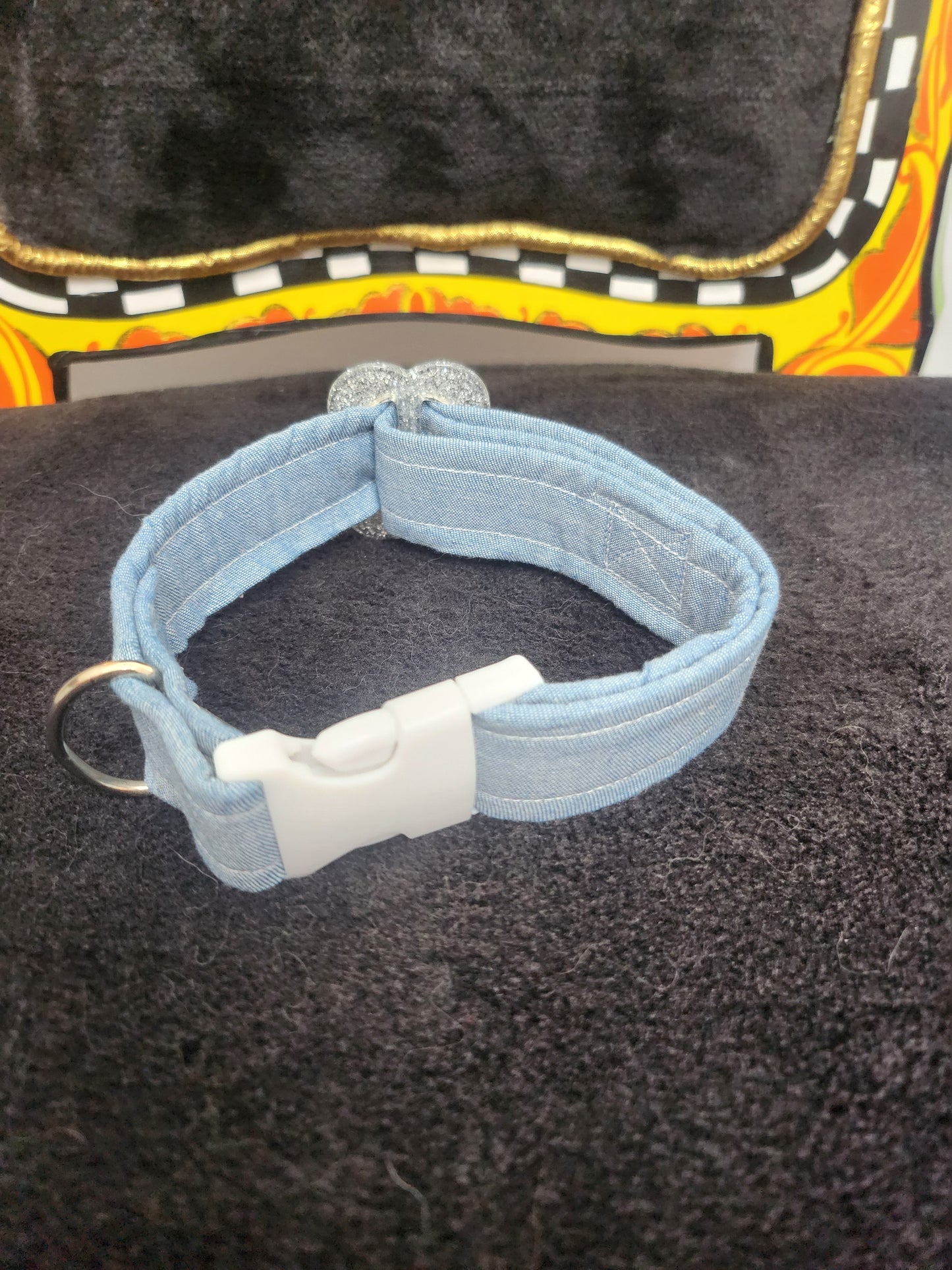 Cotton Denim Silver Flower Pet Collar