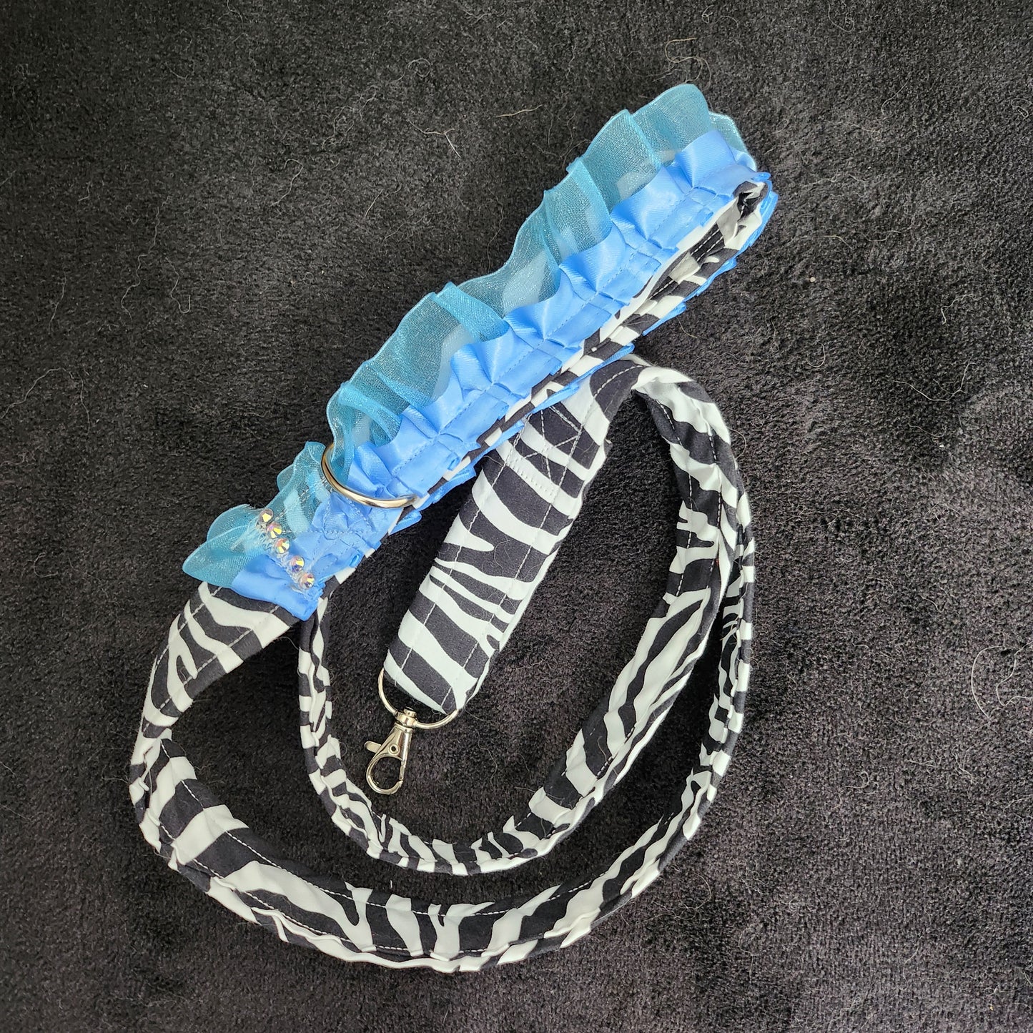 Rhinestone Cotton Zebra Print Pet Leash With Blue Satin Frill Trimming