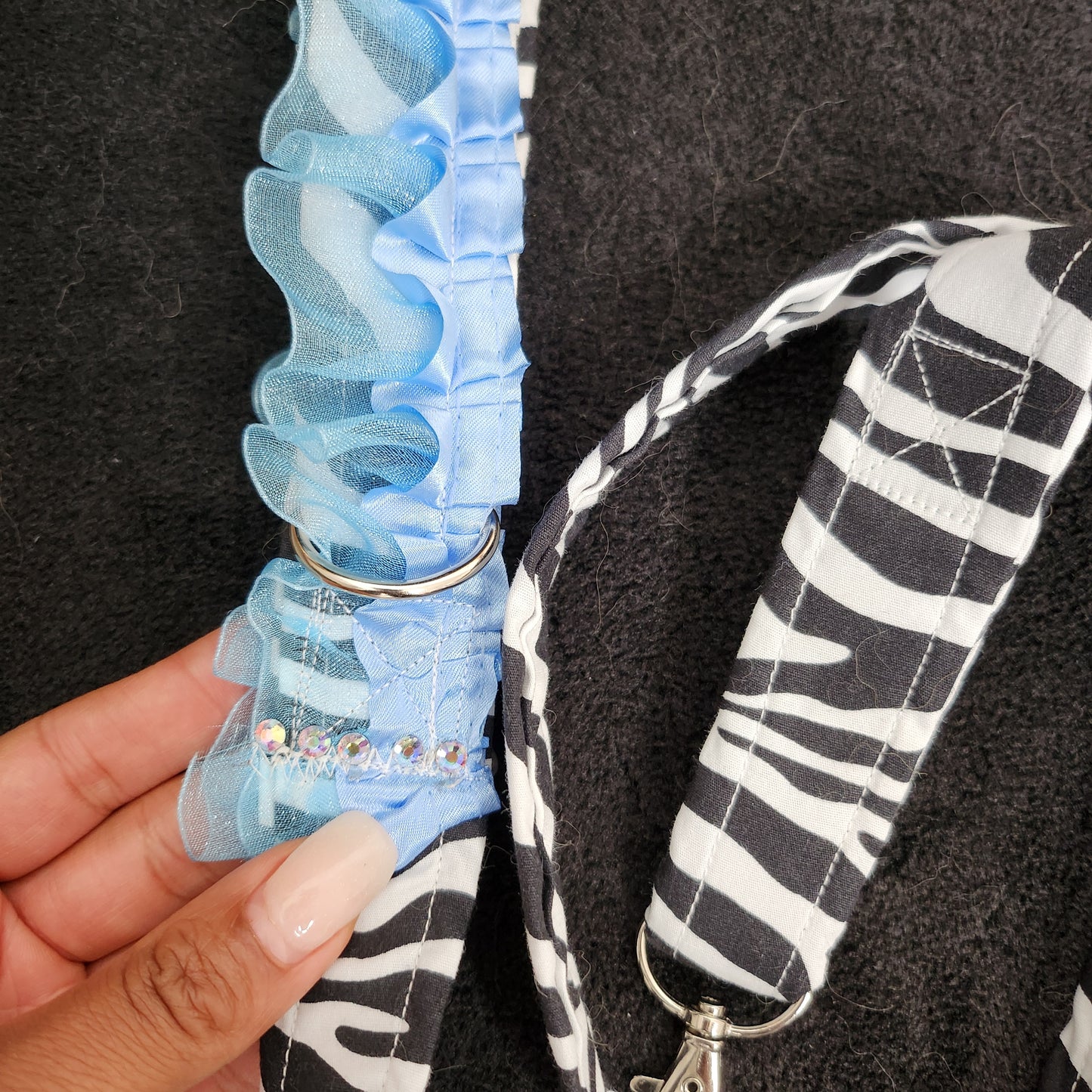 Rhinestone Cotton Zebra Print Pet Leash With Blue Satin Frill Trimming