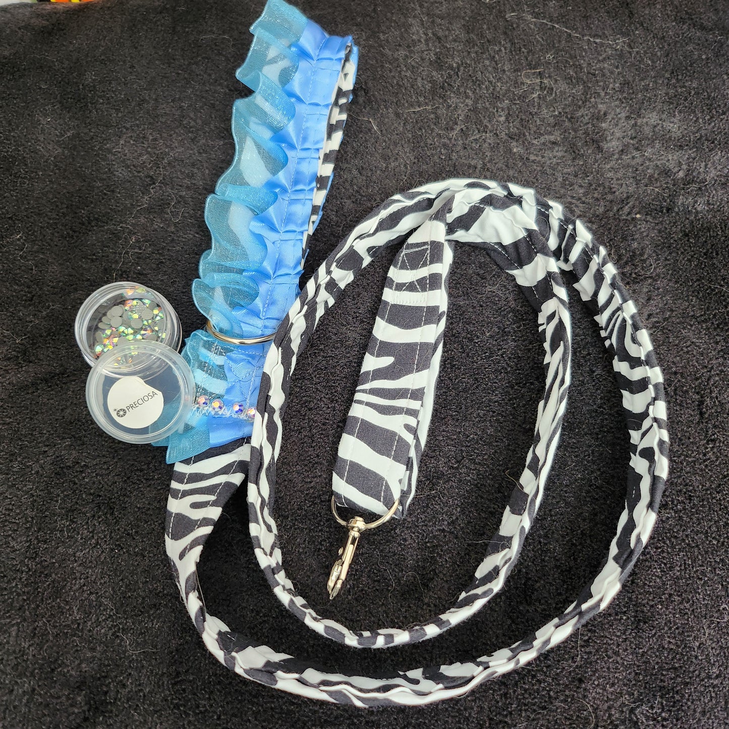 Rhinestone Cotton Zebra Print Pet Leash With Blue Satin Frill Trimming