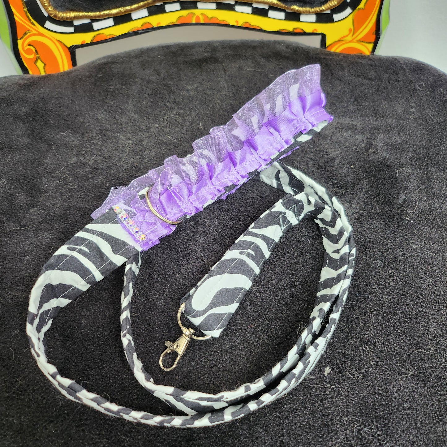 Rhinestone Cotton Zebra Print Pet Collar With Purple Satin Frill Trimming