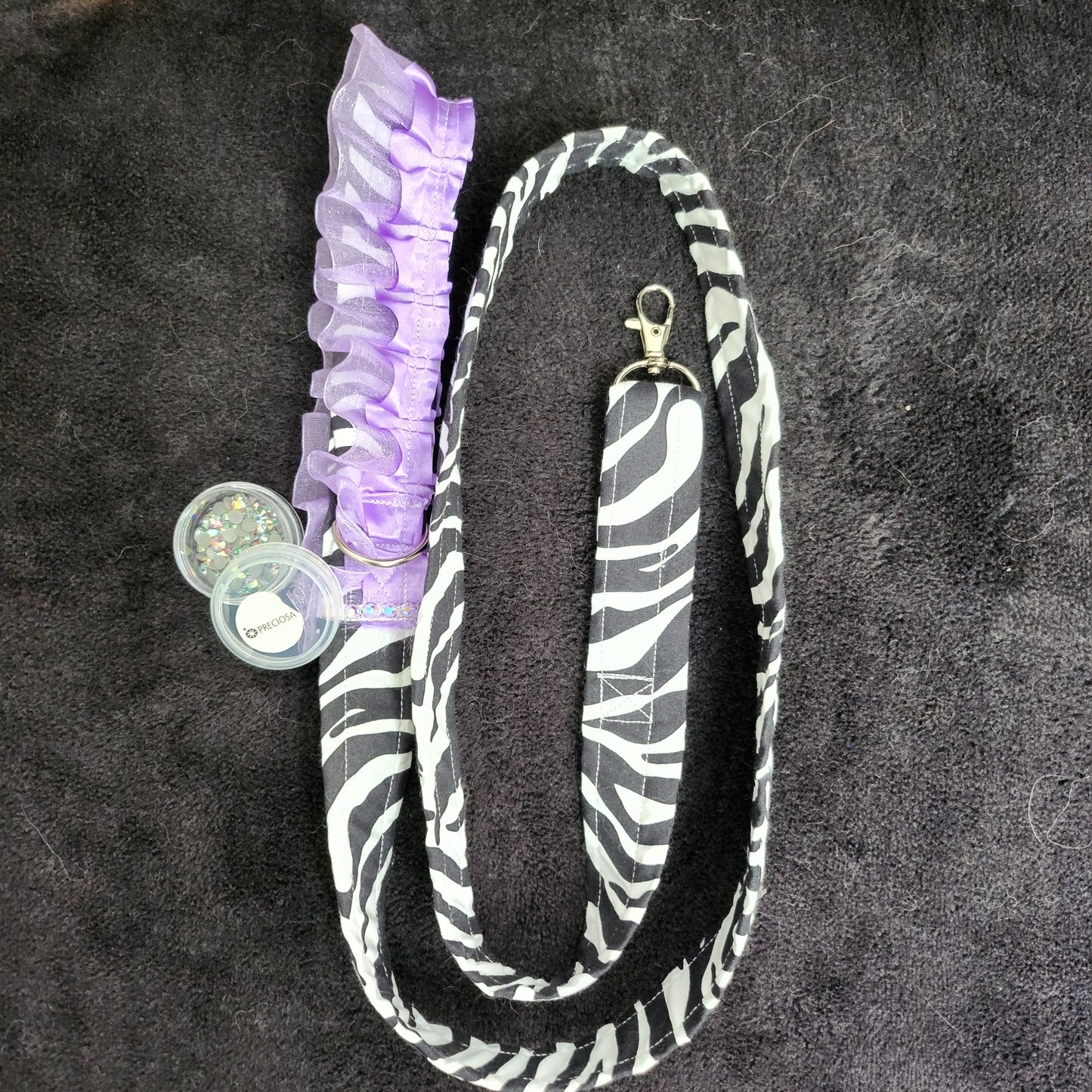 Rhinestone Cotton Zebra Print Pet Collar With Purple Satin Frill Trimming