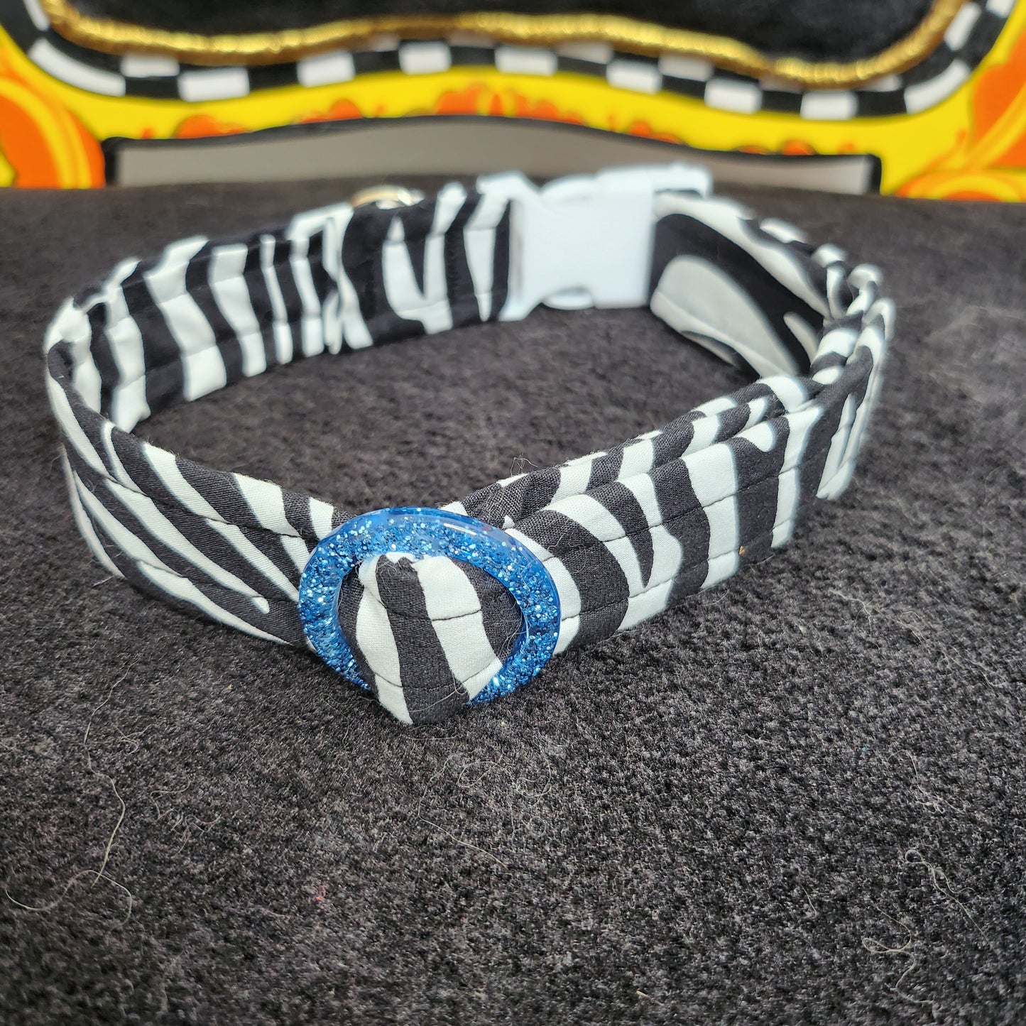 Cotton Zebra Print Pet Collar With Blue Glitter Collar Adjuster