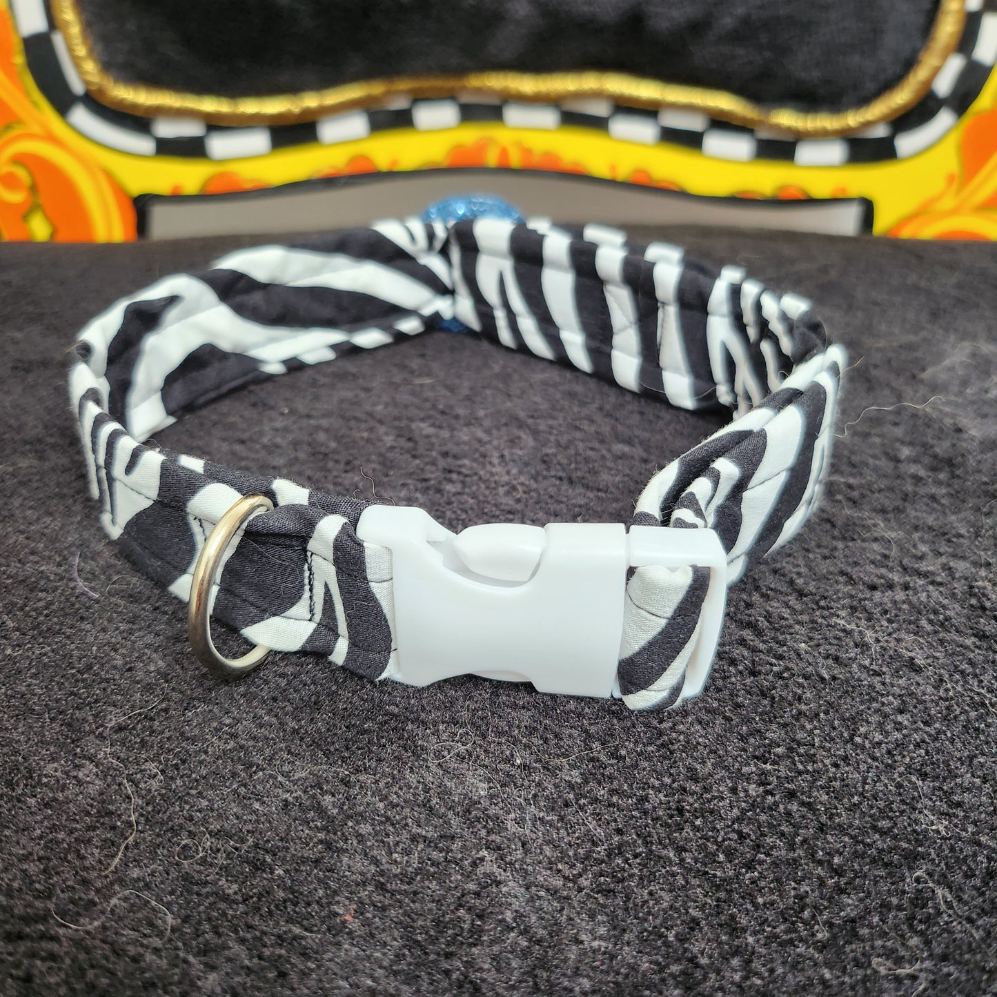 Cotton Zebra Print Pet Collar With Blue Glitter Collar Adjuster