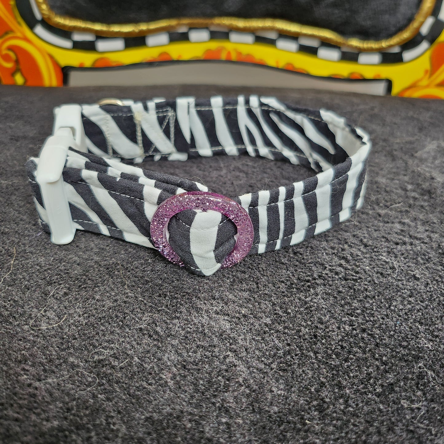 Cotton Zebra Print Pet Collar With Purple Glitter Collar Adjuster